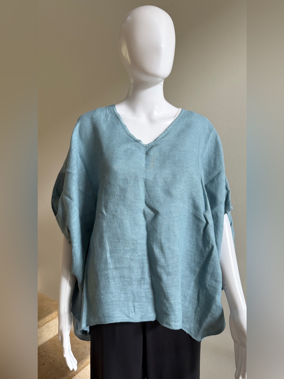 RAW MODA 100% Linen V-Neck Top Blouse Tunic Top One Size